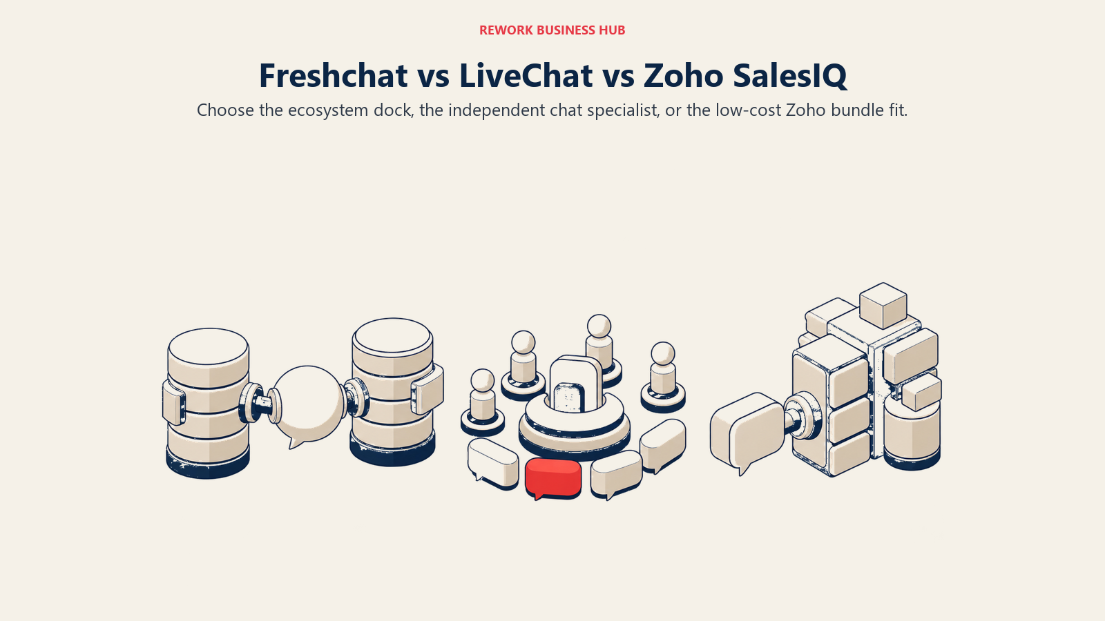 Freshchat, LiveChat, and Zoho SalesIQ shown as an ecosystem dock, an independent support station, and a bundled suite gateway