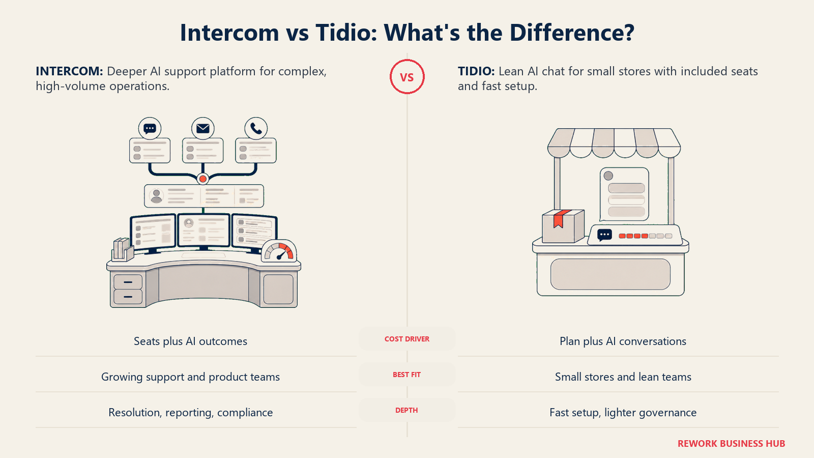 Intercom versus Tidio shown as a deep multi-channel support operations desk compared with a compact storefront chat station