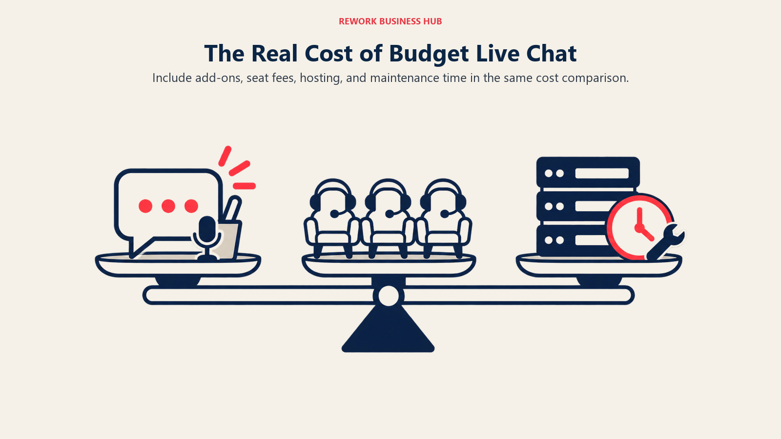Live chat cost comparison including optional accessories, support seats, and server maintenance time