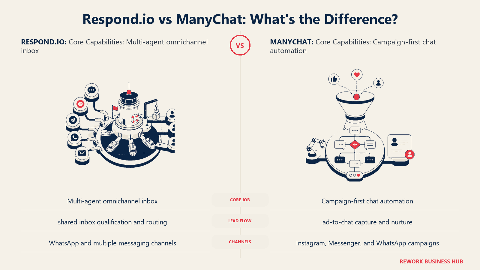 Respond.io vs ManyChat core capabilities comparison with matched operating metaphors