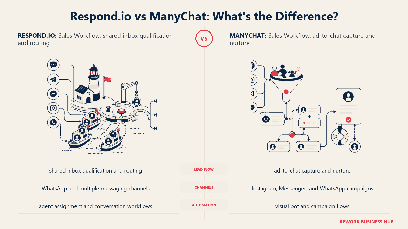 Respond.io vs ManyChat sales workflow comparison with matched operating metaphors