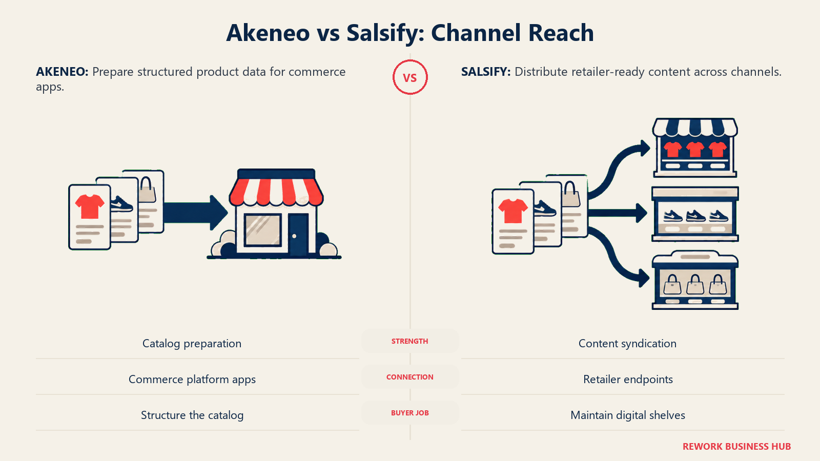 Akeneo vs Salsify: Channel Reach: Akeneo emphasizes structured catalog outputs; Salsify centers on retailer and marketplace distribution.