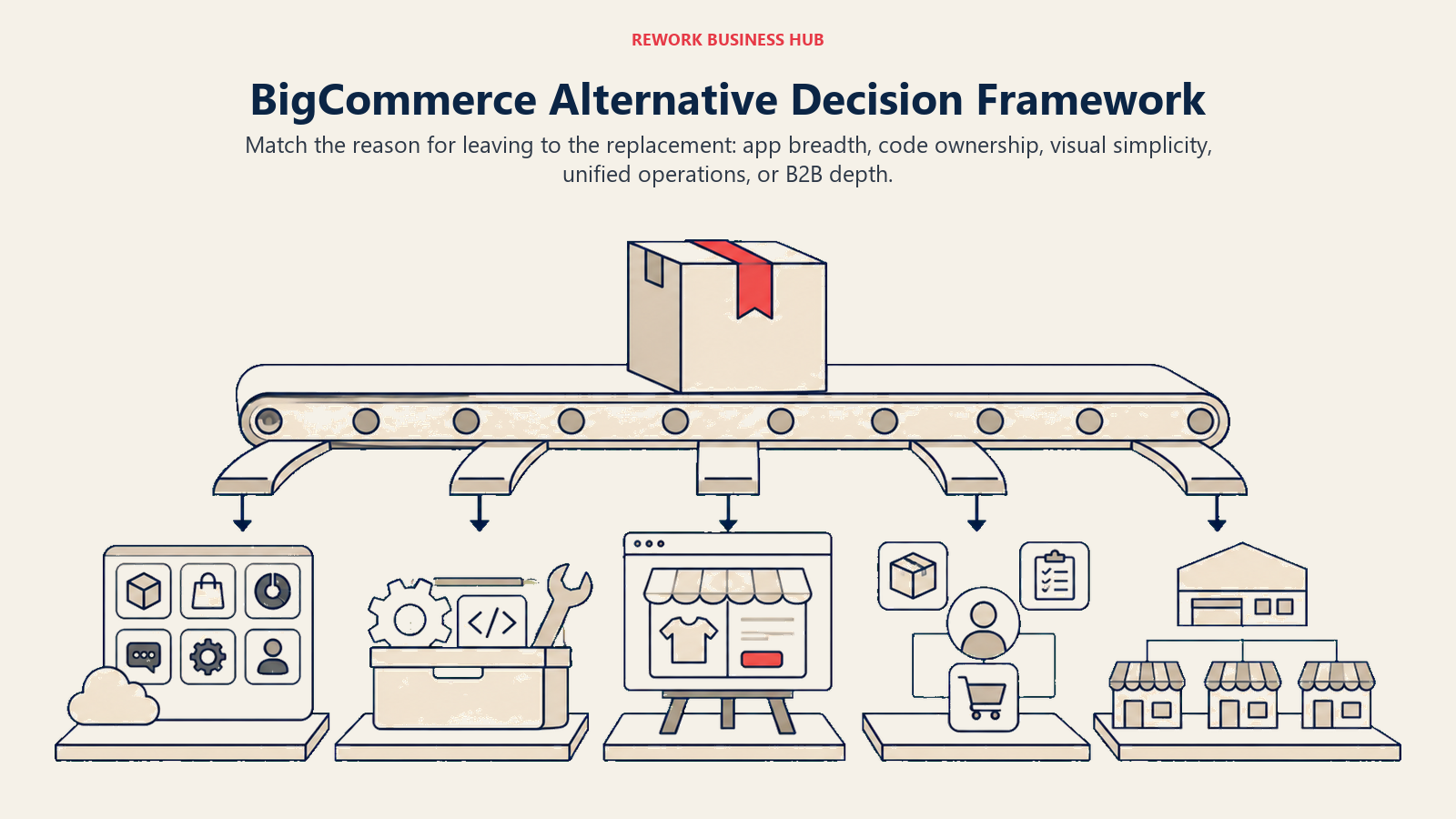 BigCommerce alternative decision framework routing a growing catalog toward app breadth, code ownership, simple design, unified operations, or B2B depth