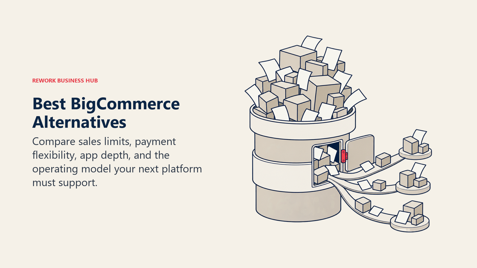 BigCommerce alternatives shown as a growing catalog pressing past a tiered sales-limit container into new platform paths