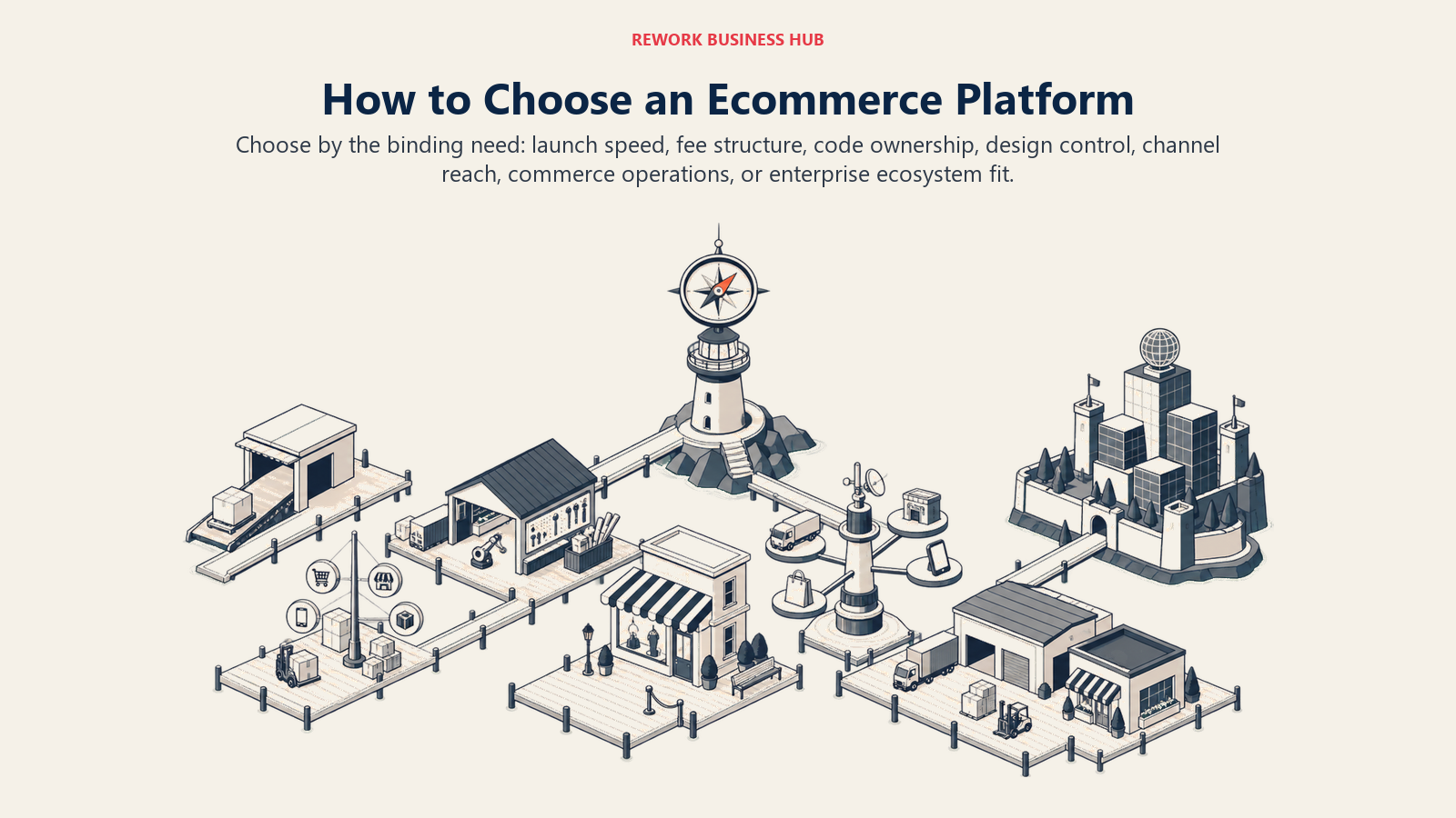 Ecommerce platform selection port routing merchants toward hosted stores, open source, design-first sites, commerce operations, omnichannel selling, or enterprise ecosystems