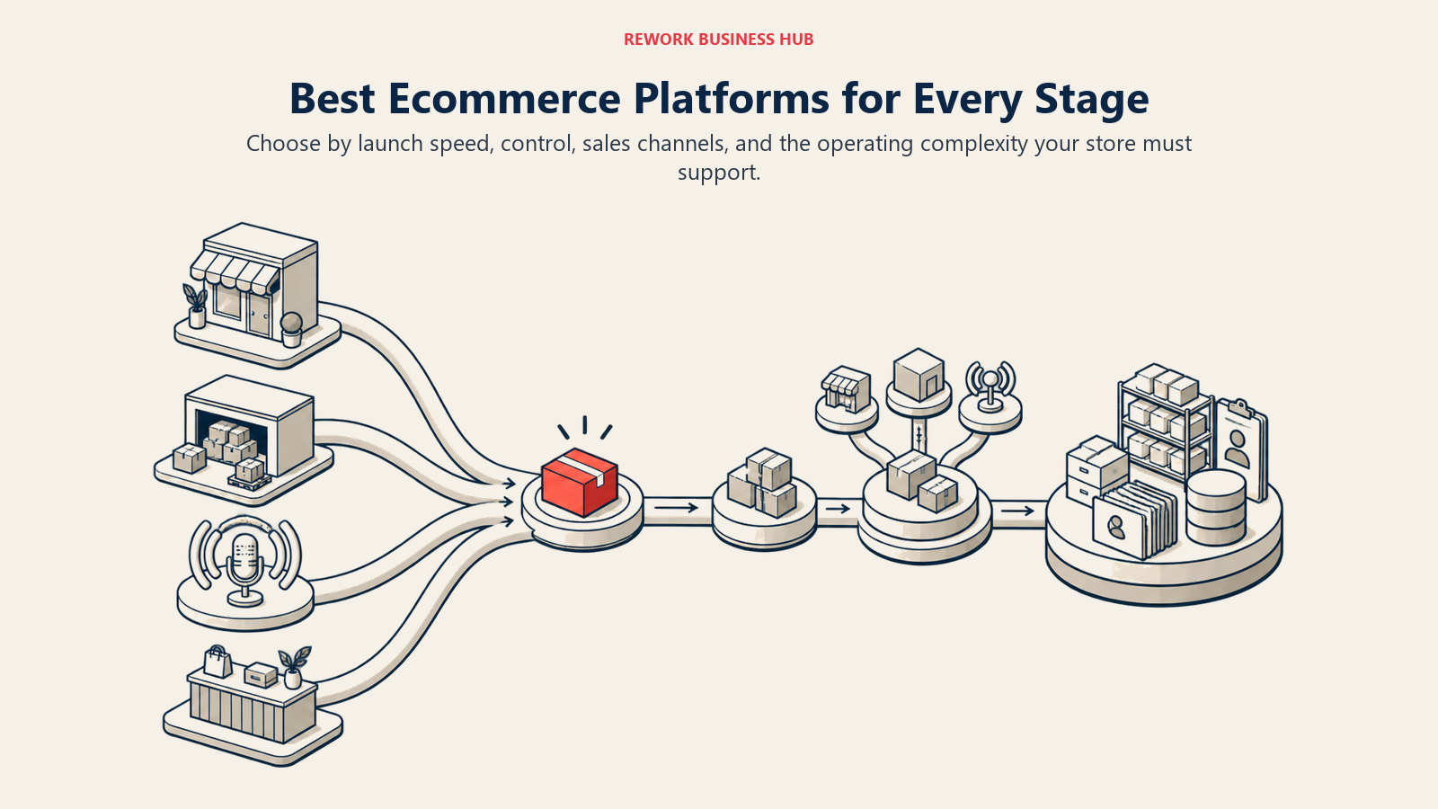 Best ecommerce platforms for every stage shown as sales channels converging into one order operations pipeline