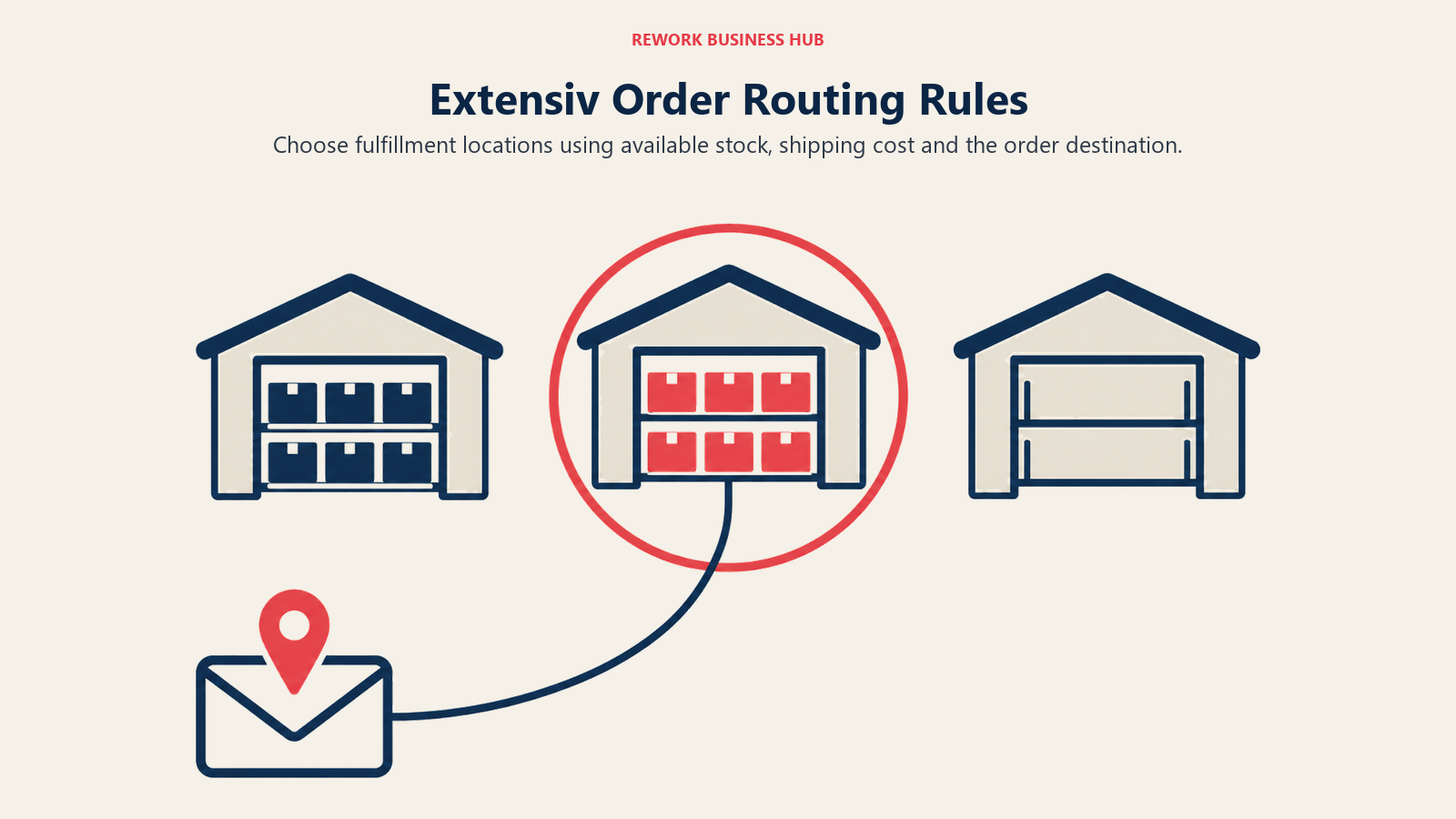 Extensiv Order Routing Rules: Choose fulfillment locations using available stock, shipping cost and the order destination.
