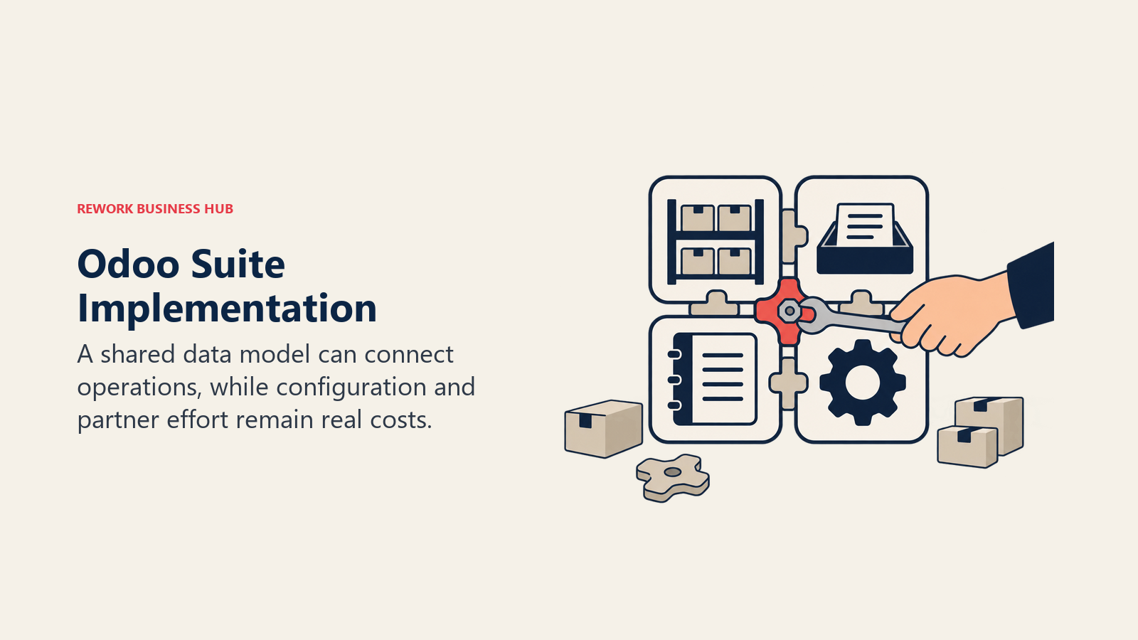 Odoo Suite Implementation: A shared data model can connect operations, while configuration and partner effort remain real costs.