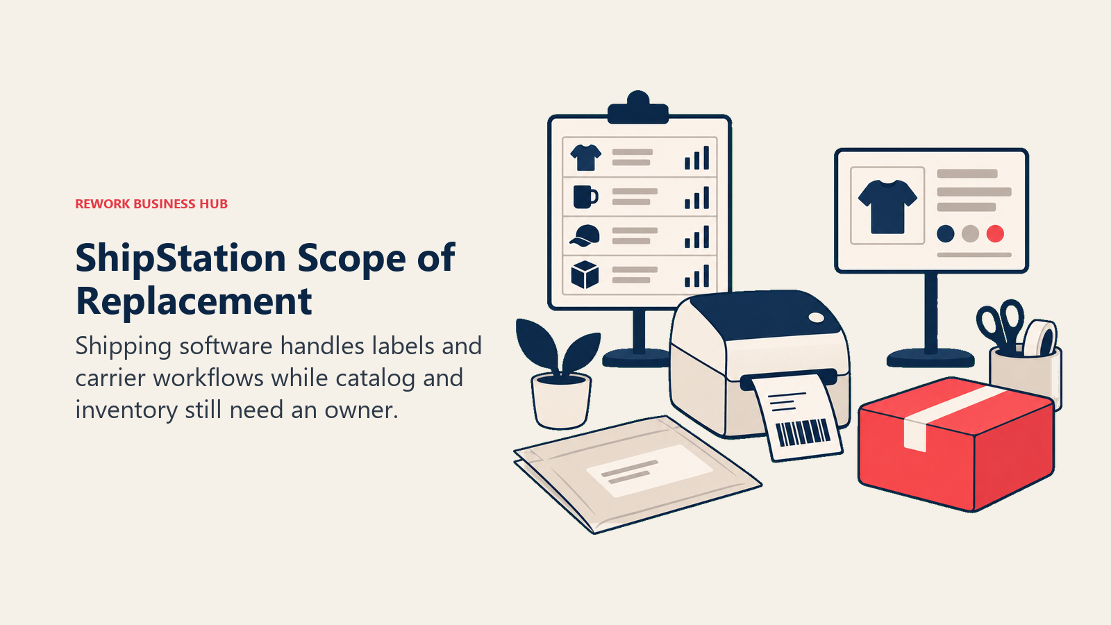 ShipStation Scope of Replacement: Shipping software handles labels and carrier workflows while catalog and inventory still need an owner.