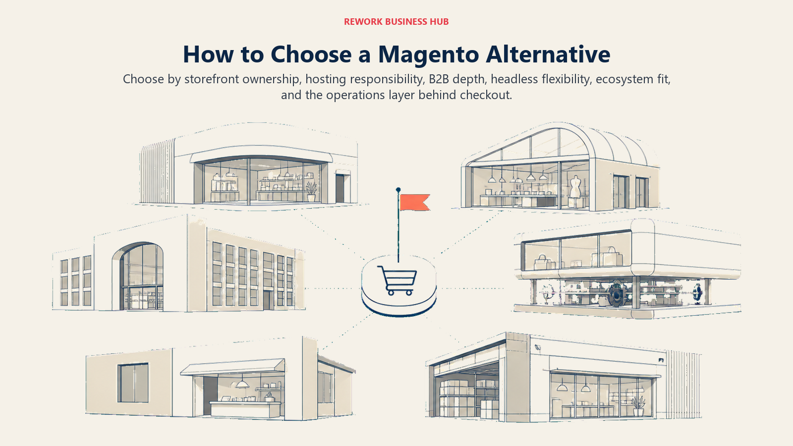 Commerce platform decision bazaar routing buyers toward managed SaaS, open source, enterprise suite, headless, add-on storefront, and operations needs