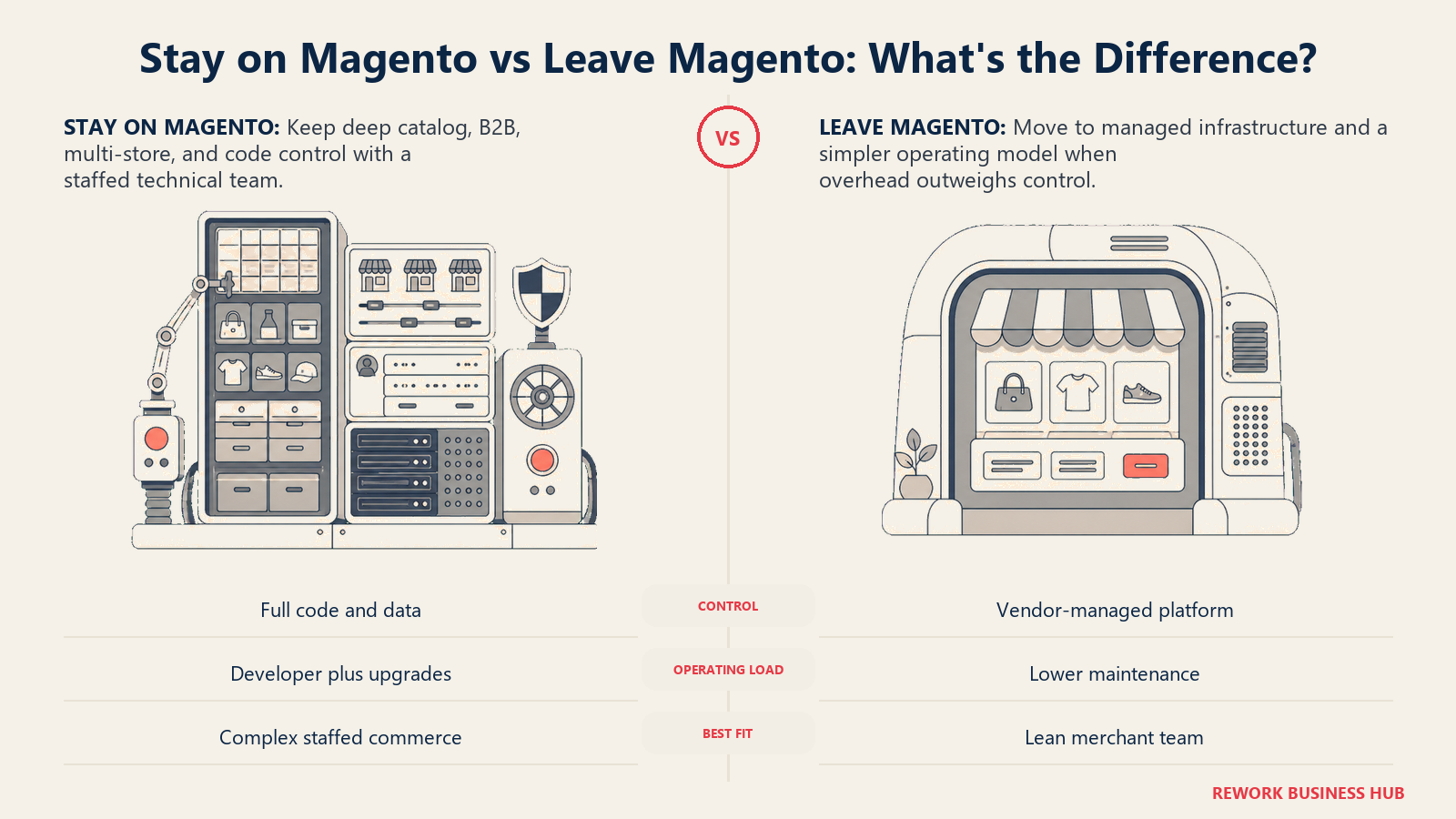 Magento's deep catalog and multi-store control balanced against developer, upgrade, hosting, security, and pricing burden