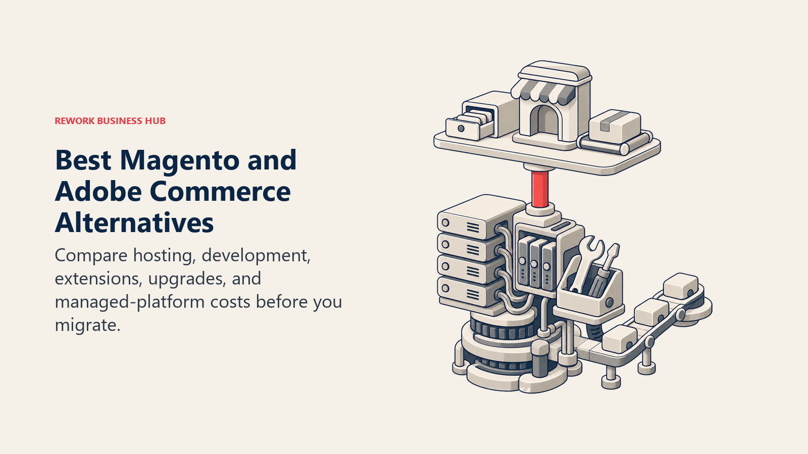 Magento alternatives shown as a storefront above the hidden hosting, development, extension, and upgrade stack