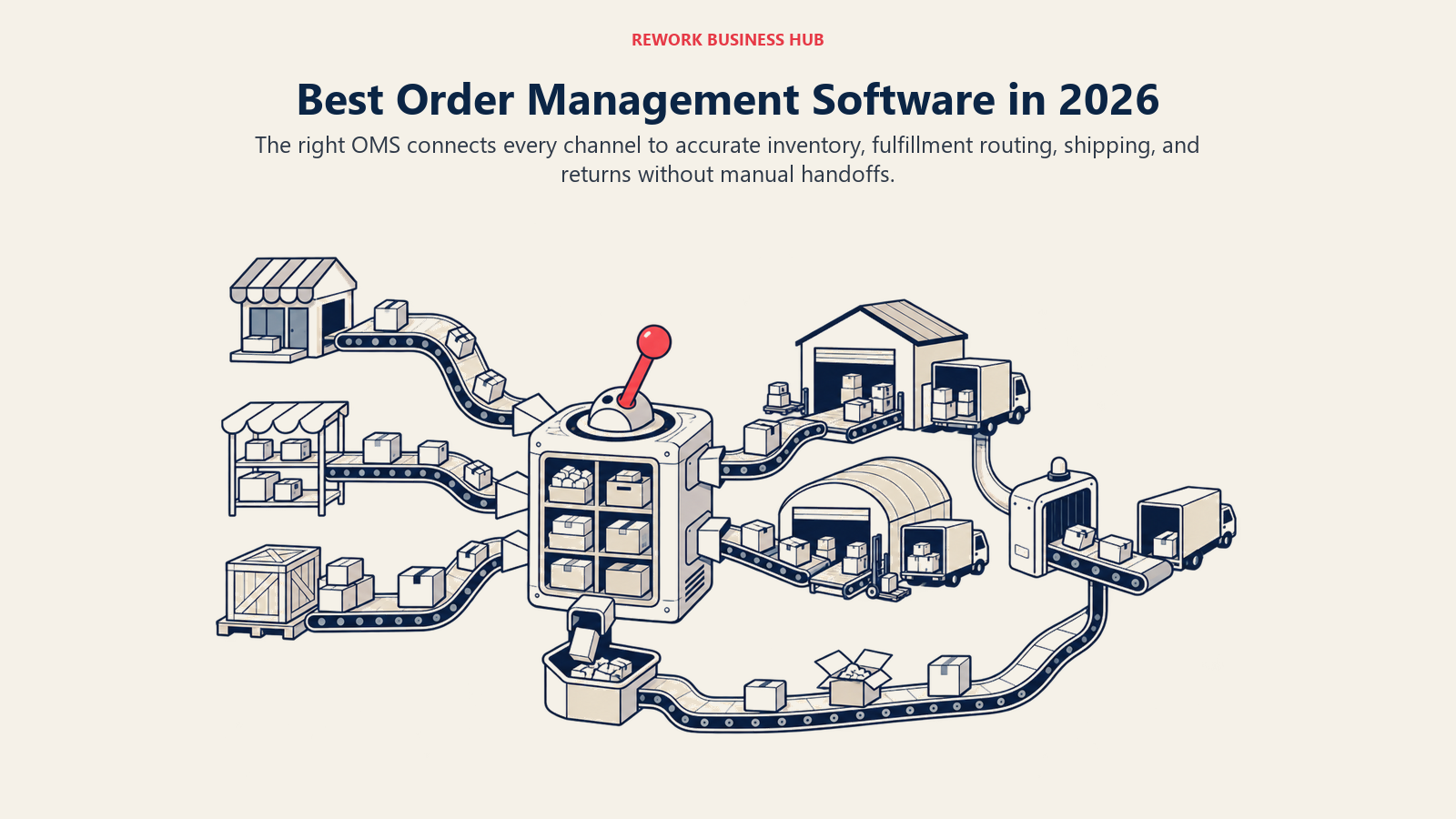 Order management software shown as a control flow connecting sales channels to inventory, fulfillment, shipping, and returns