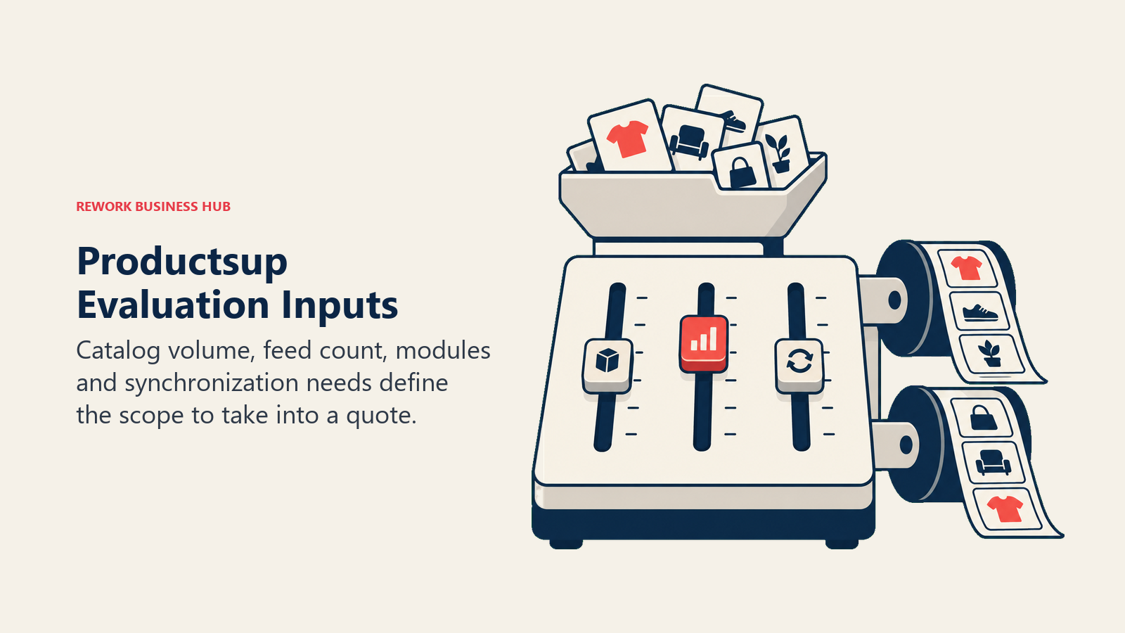 Productsup Evaluation Inputs: Catalog volume, feed count, modules and synchronization needs define the scope to take into a quote.
