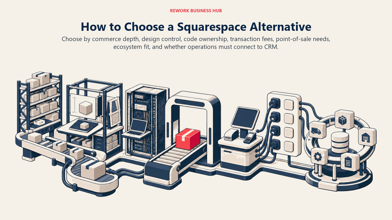 Squarespace alternative decision framework with commerce, design, ownership, fees, POS, ecosystem, and CRM operations choices