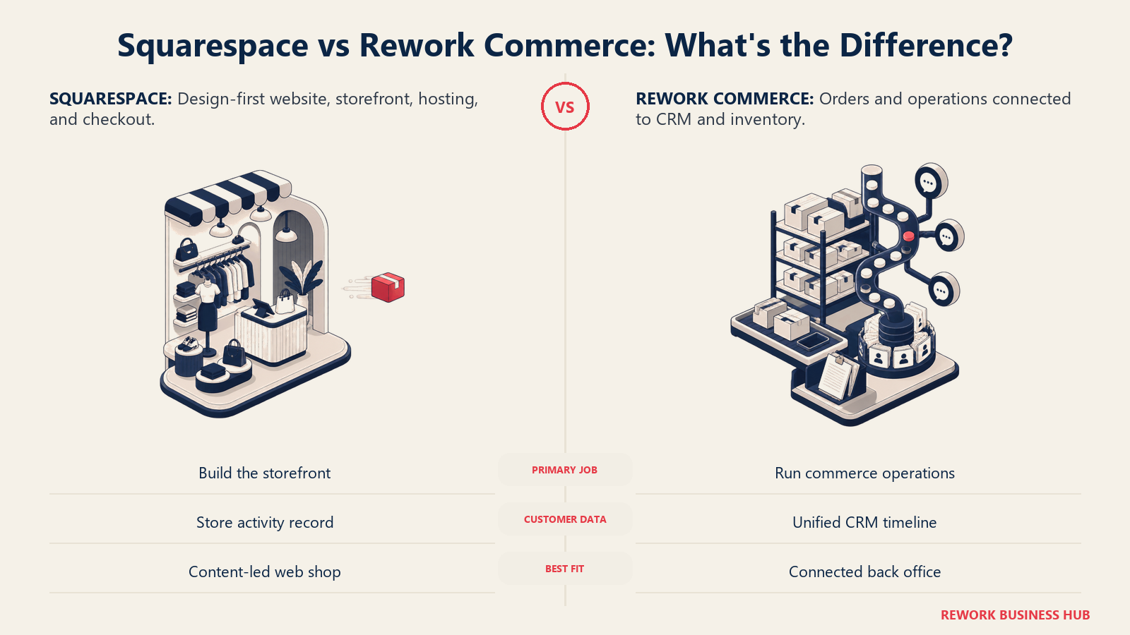 Squarespace design-first storefront compared with Rework commerce operations connected to CRM, inventory, invoices, and customer conversations