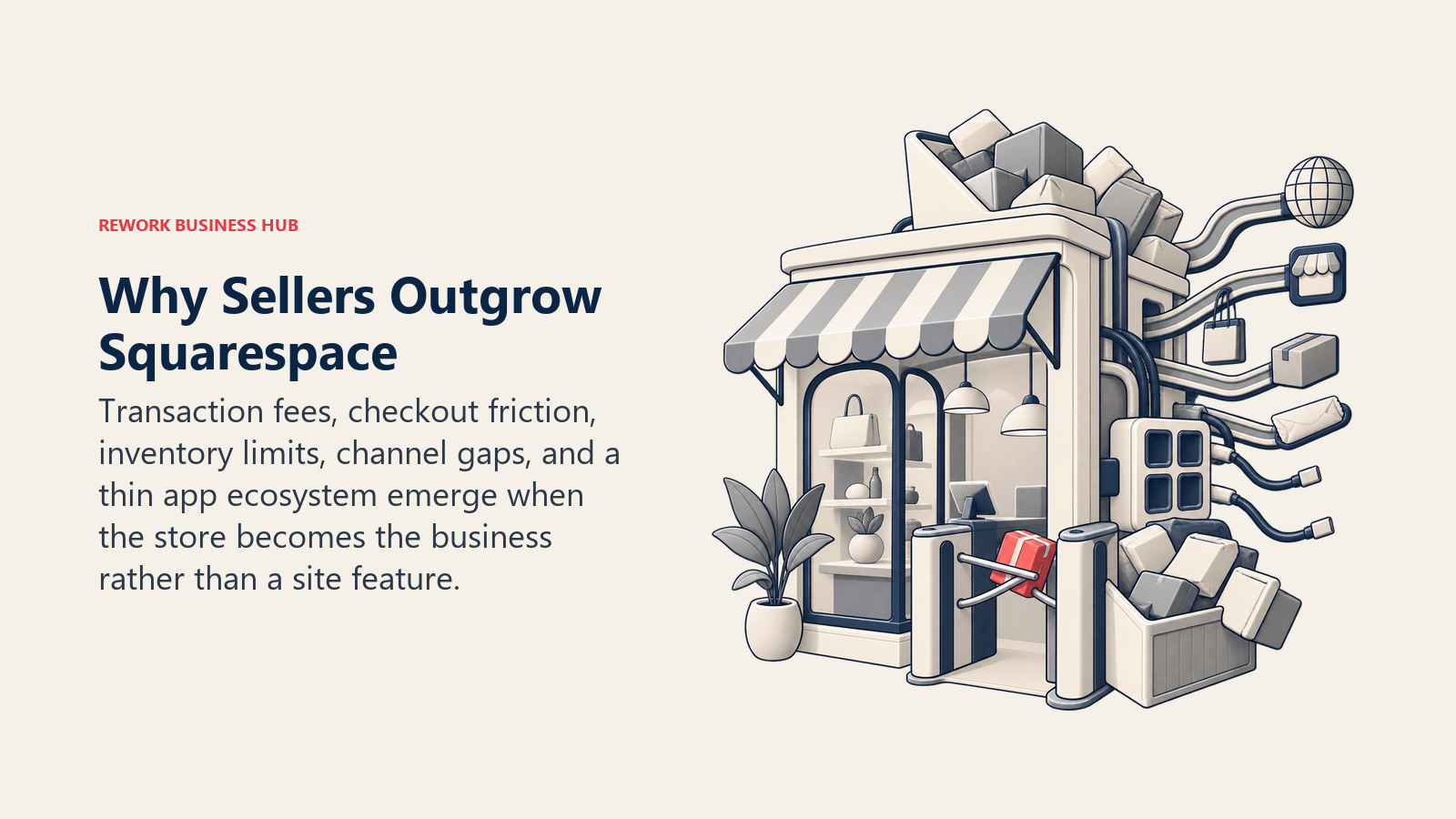 Squarespace growth limits shown as a polished storefront frame strained by fees, checkout friction, inventory overflow, and new sales channels