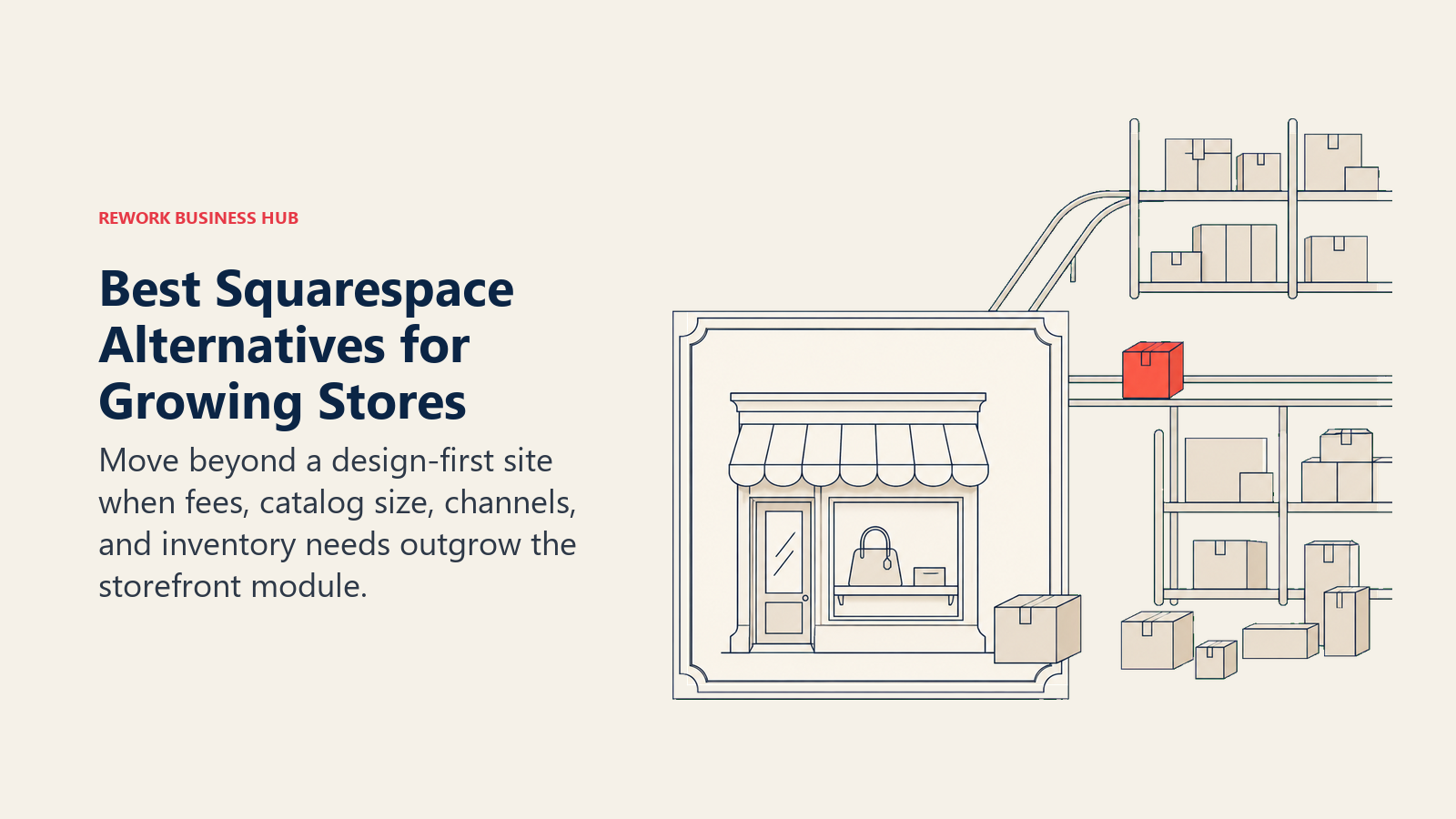 Squarespace alternatives shown as a polished storefront frame outgrown by expanding catalog and sales channels