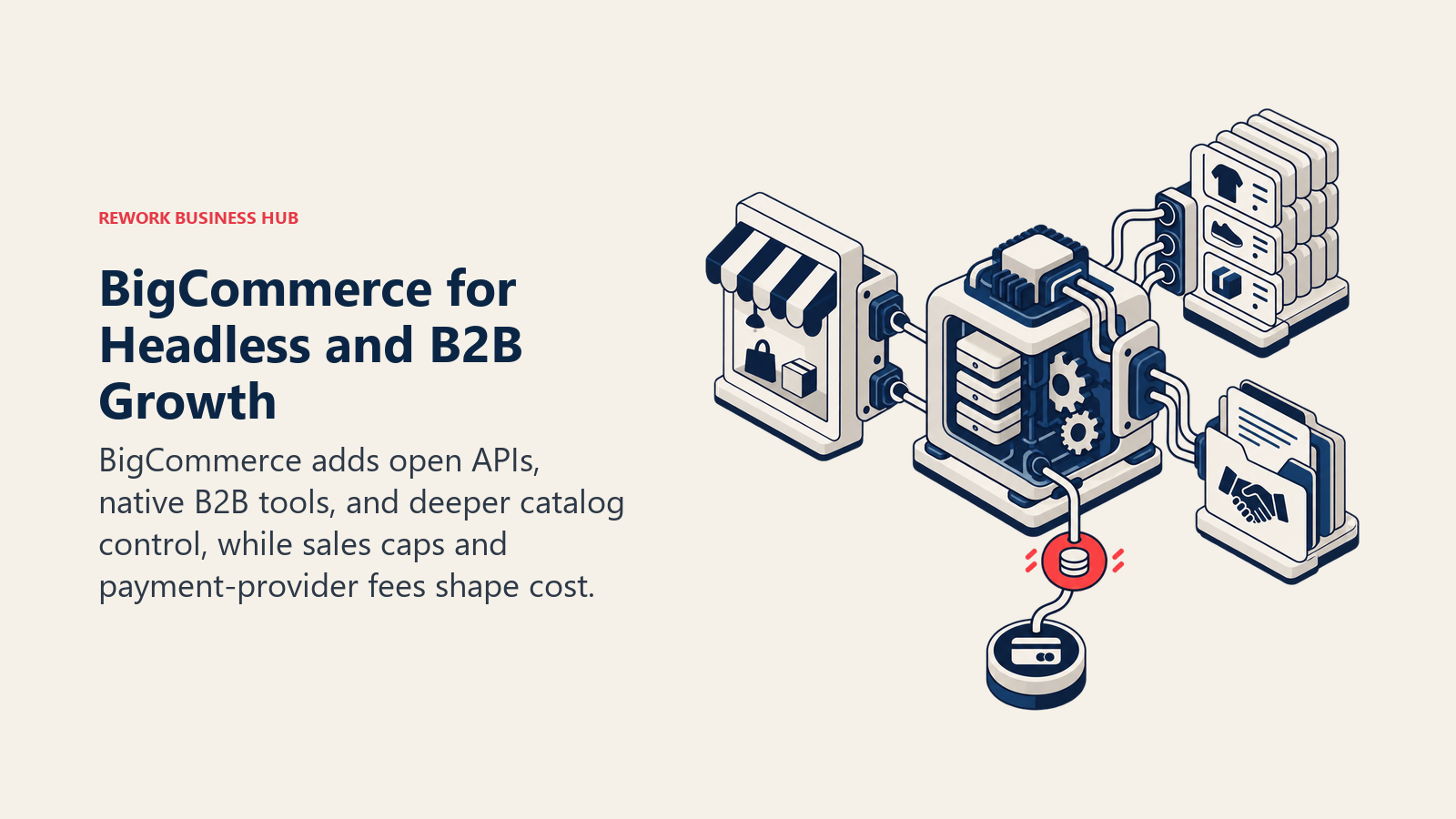 BigCommerce headless and B2B depth shown as a modular commerce engine linking an open storefront, catalog, and quote workflow