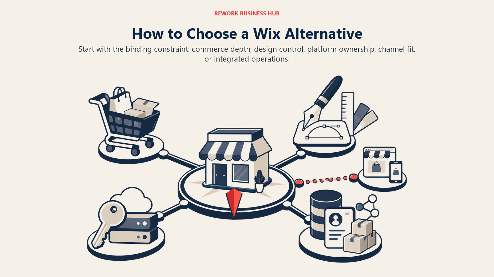 Wix alternative decision compass balancing commerce depth, design control, platform ownership, and CRM-integrated operations