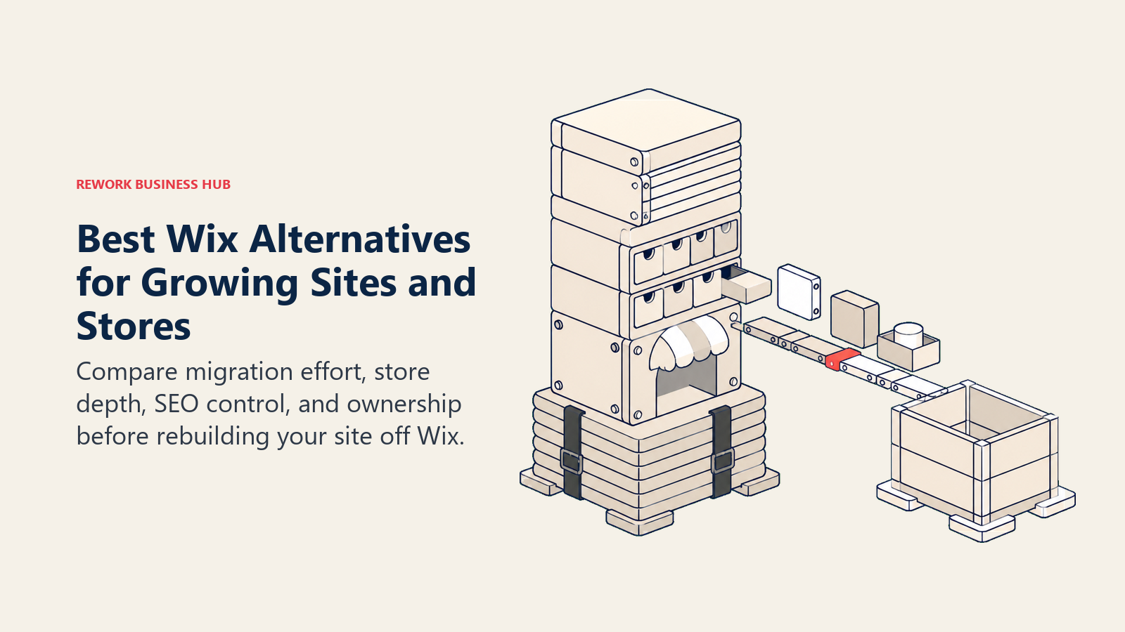 Wix alternatives shown as a bundled website anchored to one platform while catalog blocks are rebuilt for migration