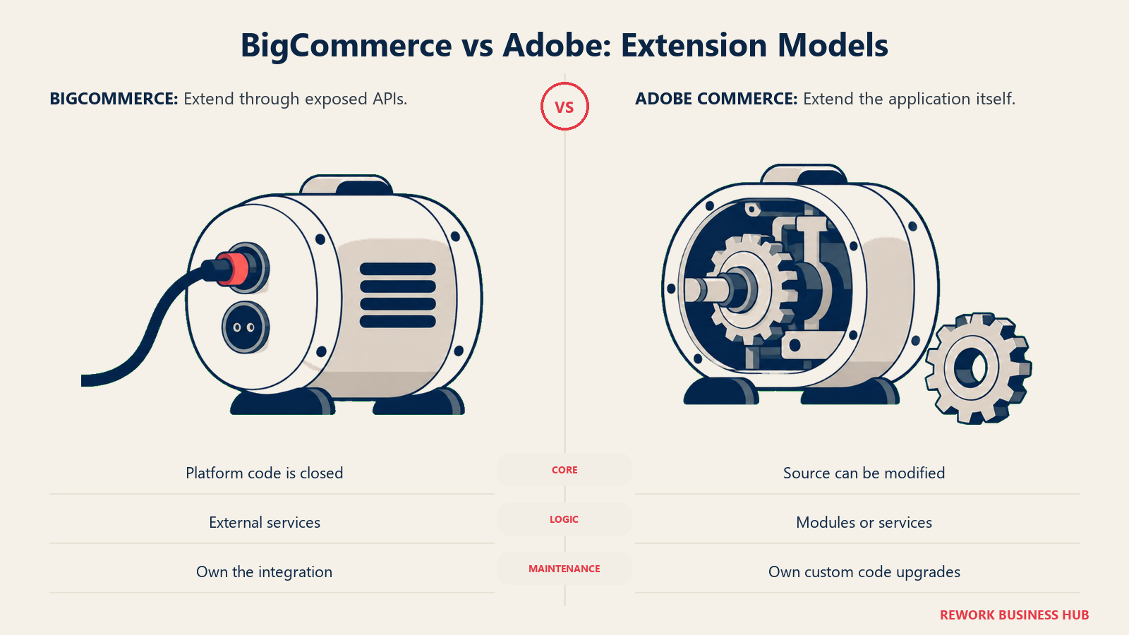 BigCommerce vs Adobe: Extension Models: a paired pair of rounded engine enclosures, same scale and baseline with empty central gutter: left sealed mechanism with external plug sockets and one connected cable; right open mechanism with a removable internal cog resting beside it