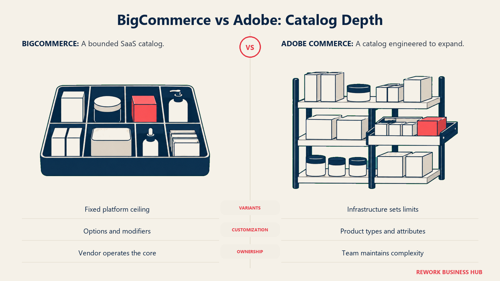 BigCommerce vs Adobe: Catalog Depth: two matched catalog metaphors on the same baseline, separated by a clean center gutter: left a bounded compartment tray of varied product blocks with a firm enclosing rim; right an expandable tiered product shelving system with one section pulled outward