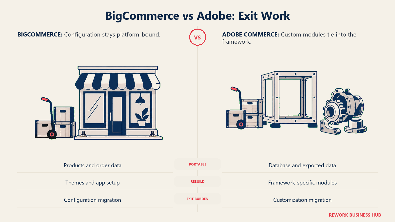 BigCommerce vs Adobe: Exit Work: two paired moving scenes on the same baseline separated by empty gutter: left portable product crates beside a storefront facade that remains bolted to its base; right portable product crates beside intricate custom-fit machine parts that do not fit an empty new frame