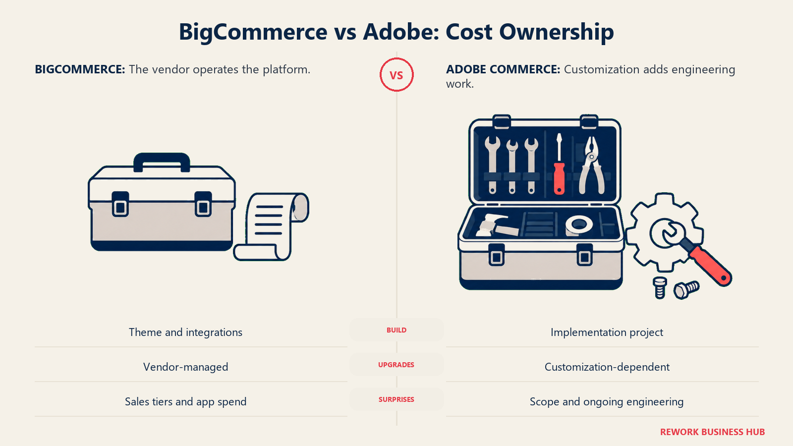 BigCommerce vs Adobe: Cost Ownership: paired budget metaphors with matched scale and clear gutter: left a closed orderly service toolbox beside a small recurring invoice roll; right an open substantial maintenance toolkit beside a commerce component being repaired