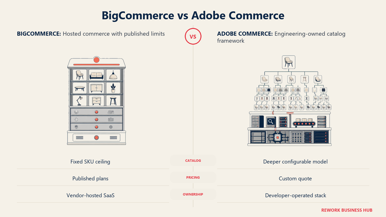 BigCommerce bounded SaaS catalog compared with Adobe Commerce's expandable engineering-owned catalog framework