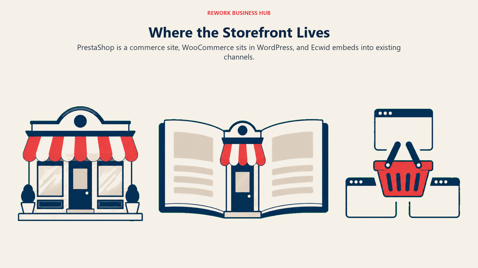 Where the Storefront Lives: three clear object groupings: left standalone complete storefront building; middle open book-shaped content site with a small shop integrated into its spine; right compact shopping basket module appearing within three surrounding empty browser frame shapes