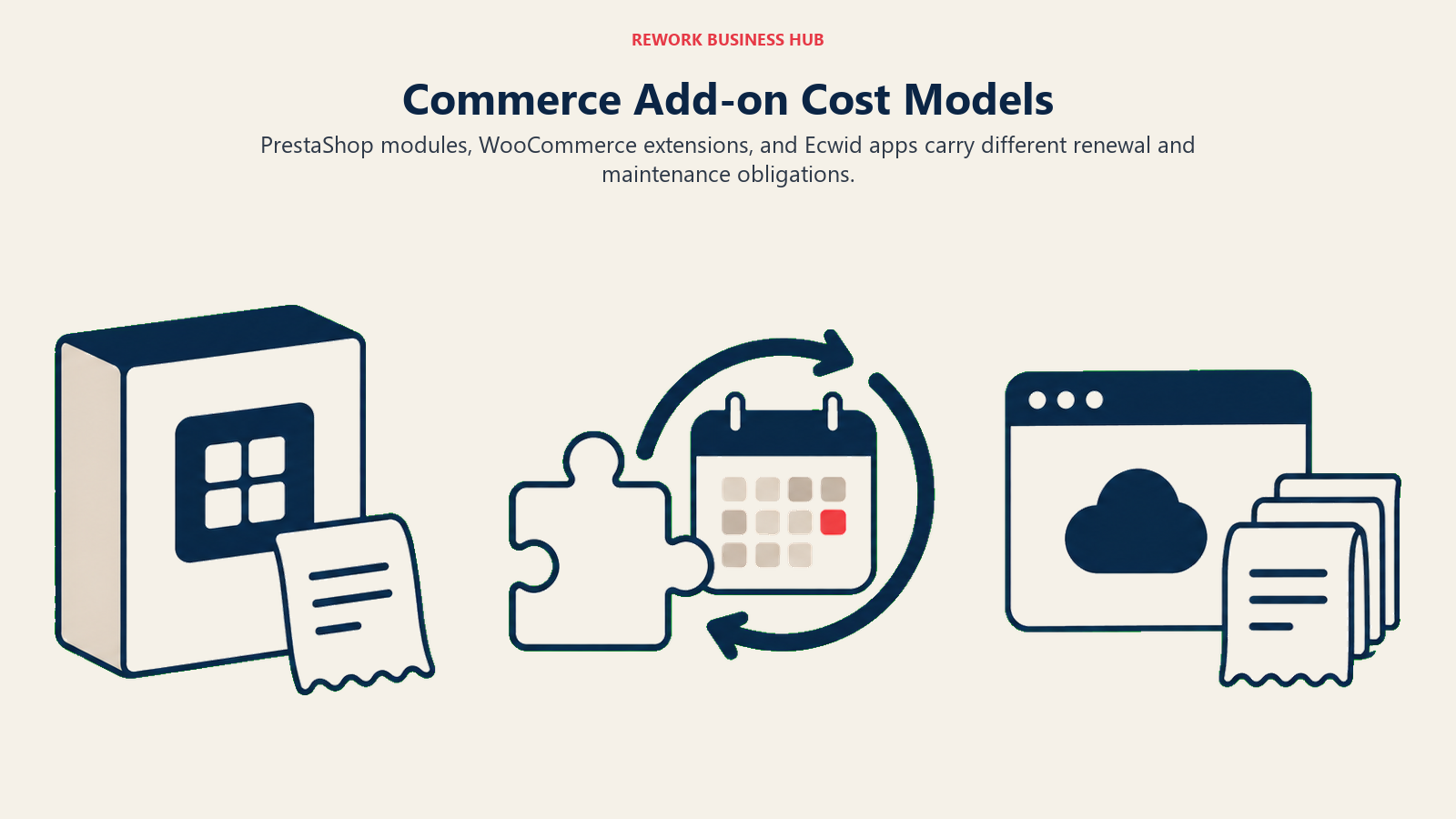 Commerce Add-on Cost Models: three distinct merchandise stalls across a wide composition: left a boxed software module with a single receipt; center a plugin piece beside a circular renewal calendar; right a small hosted app window beside a stack of recurring receipts