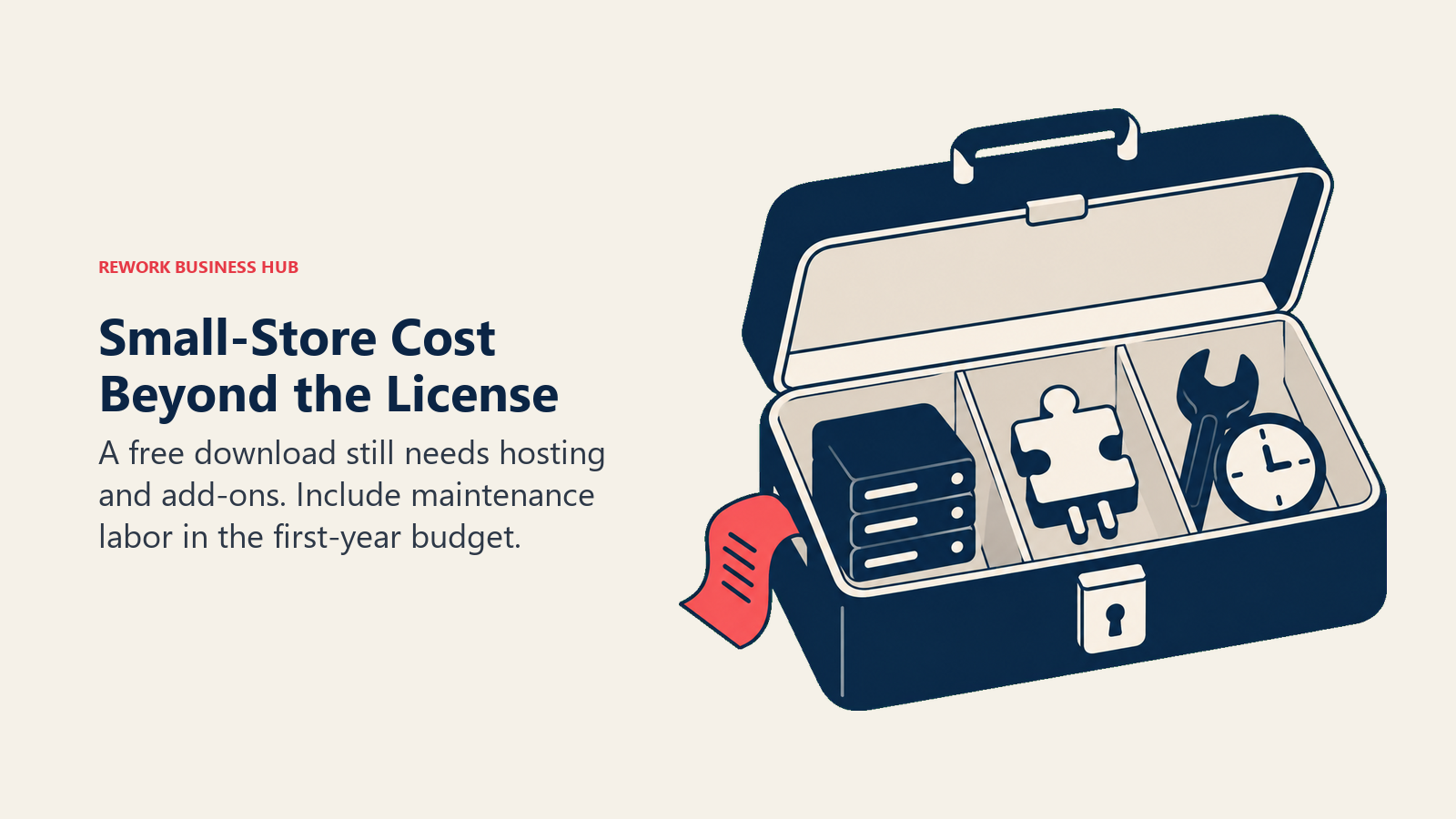 Small-Store Cost Beyond the License: an open compact store cash box with three distinct physical compartments holding a small server, a plug-in puzzle piece, and a wrench with a clock