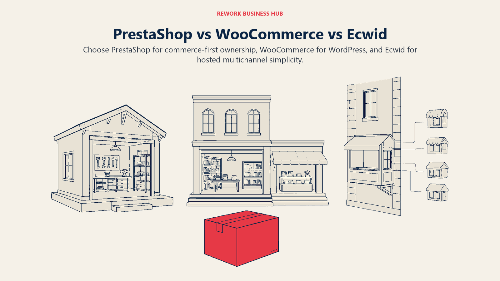 PrestaShop, WooCommerce, and Ecwid compared as self-hosted commerce, a WordPress shop extension, and hosted multichannel retail