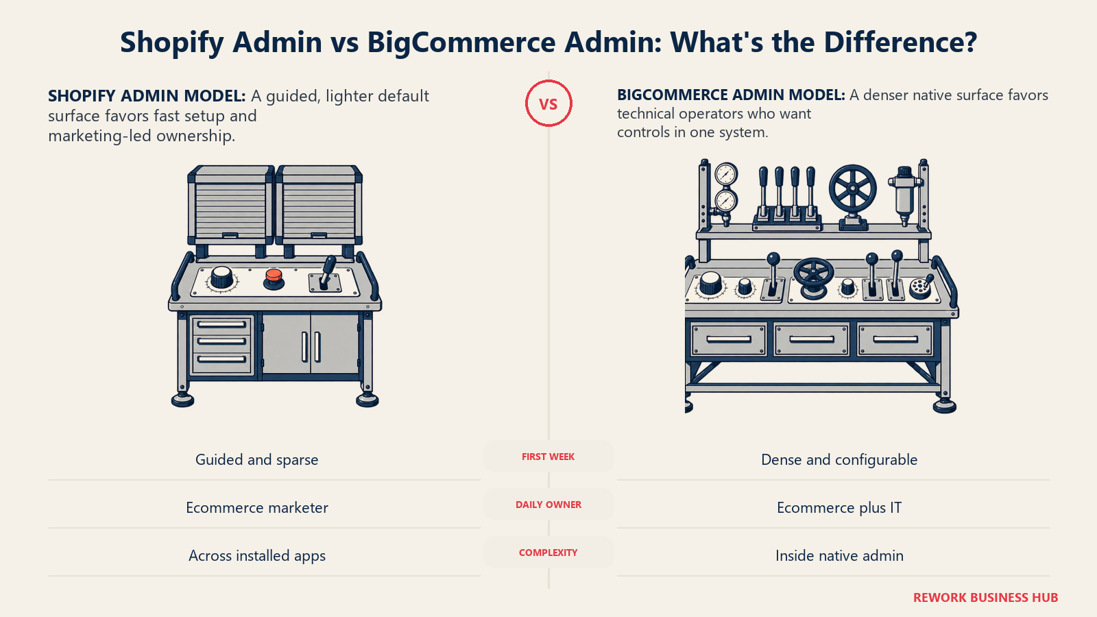 Shopify's guided admin console compared with BigCommerce's deeper native operations console