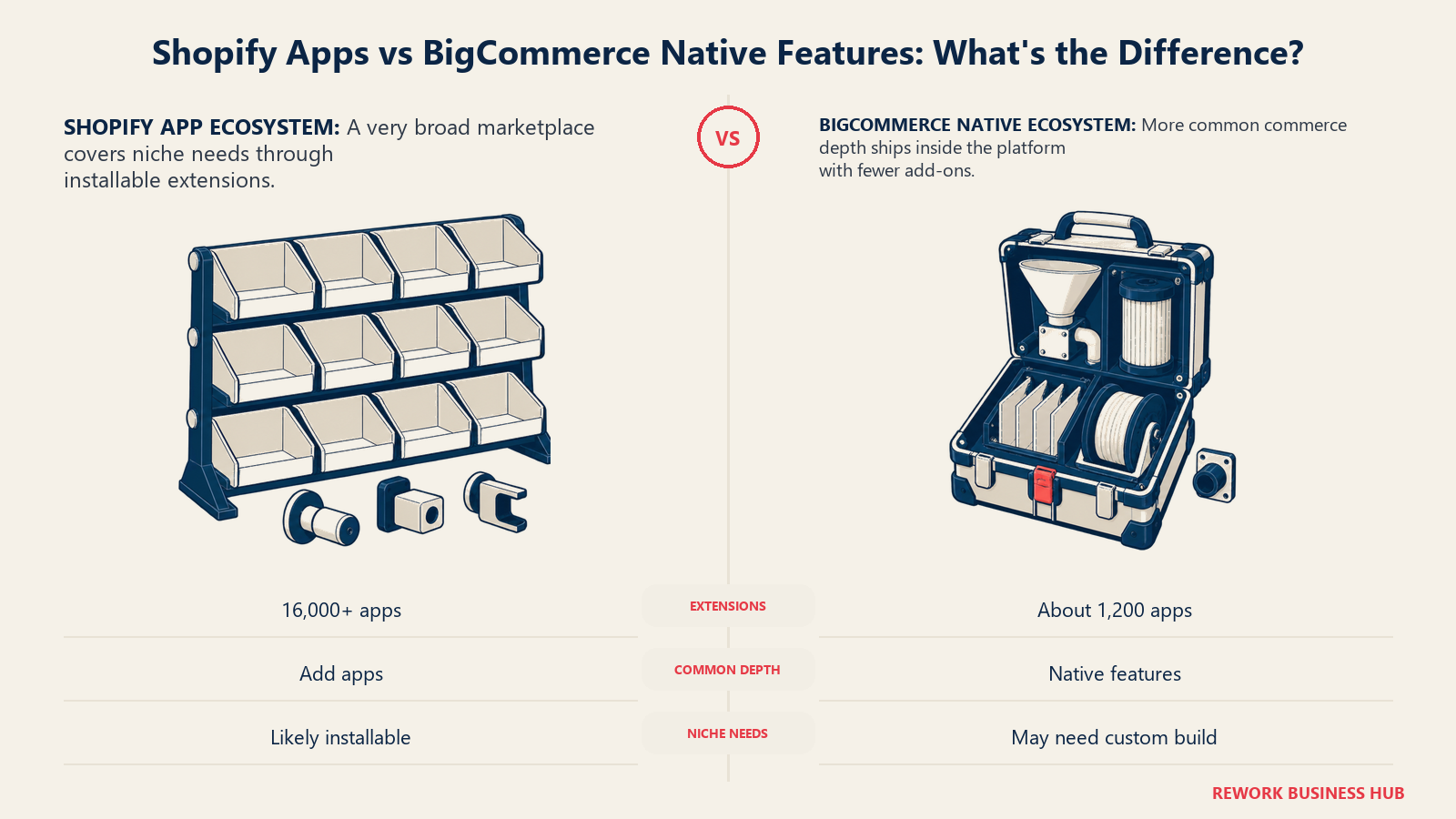 Shopify's broad plug-in marketplace compared with BigCommerce's integrated native commerce toolkit