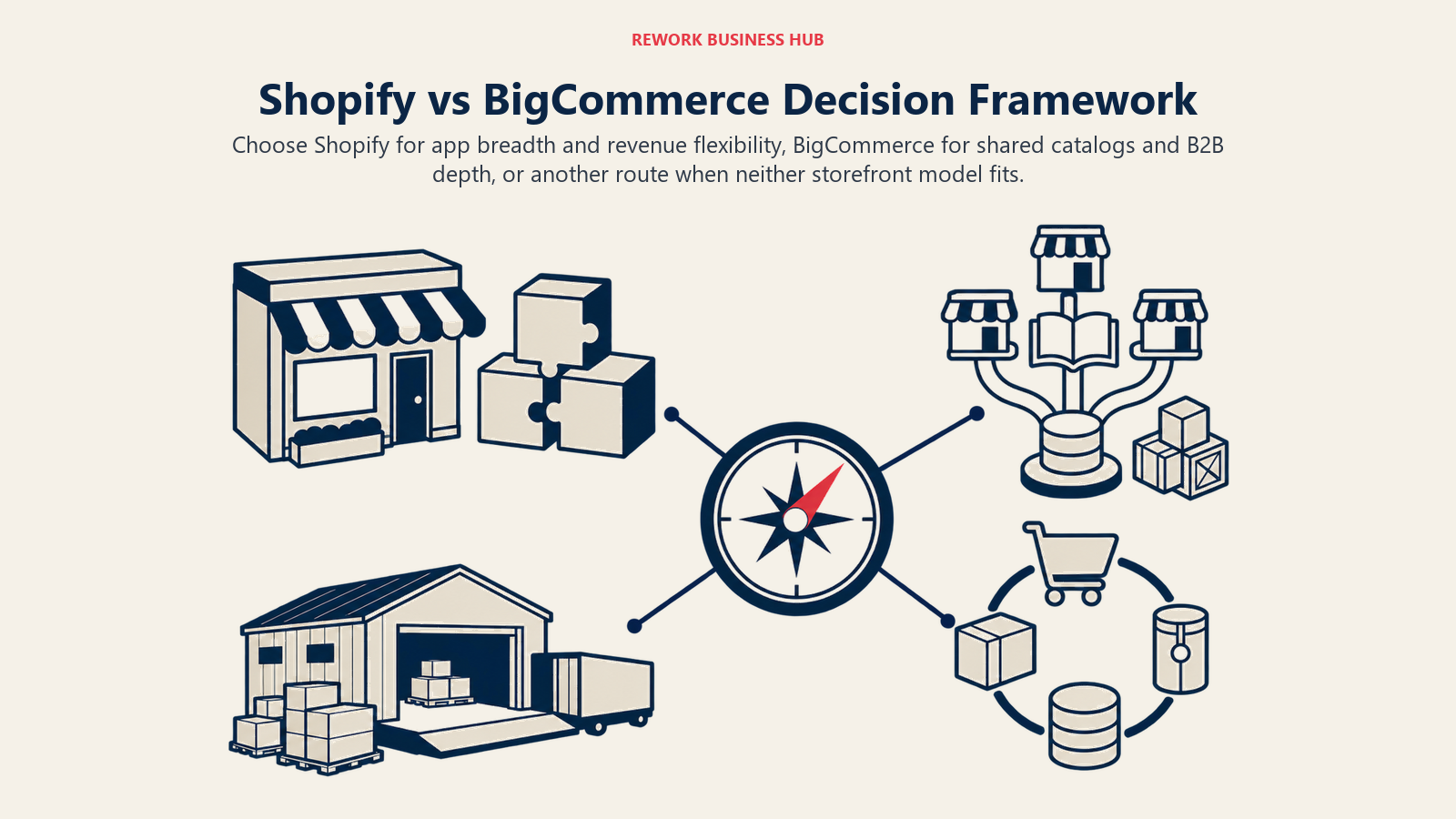 Ecommerce platform decision compass routing app-led stores, shared catalogs, complex B2B, and operations gaps