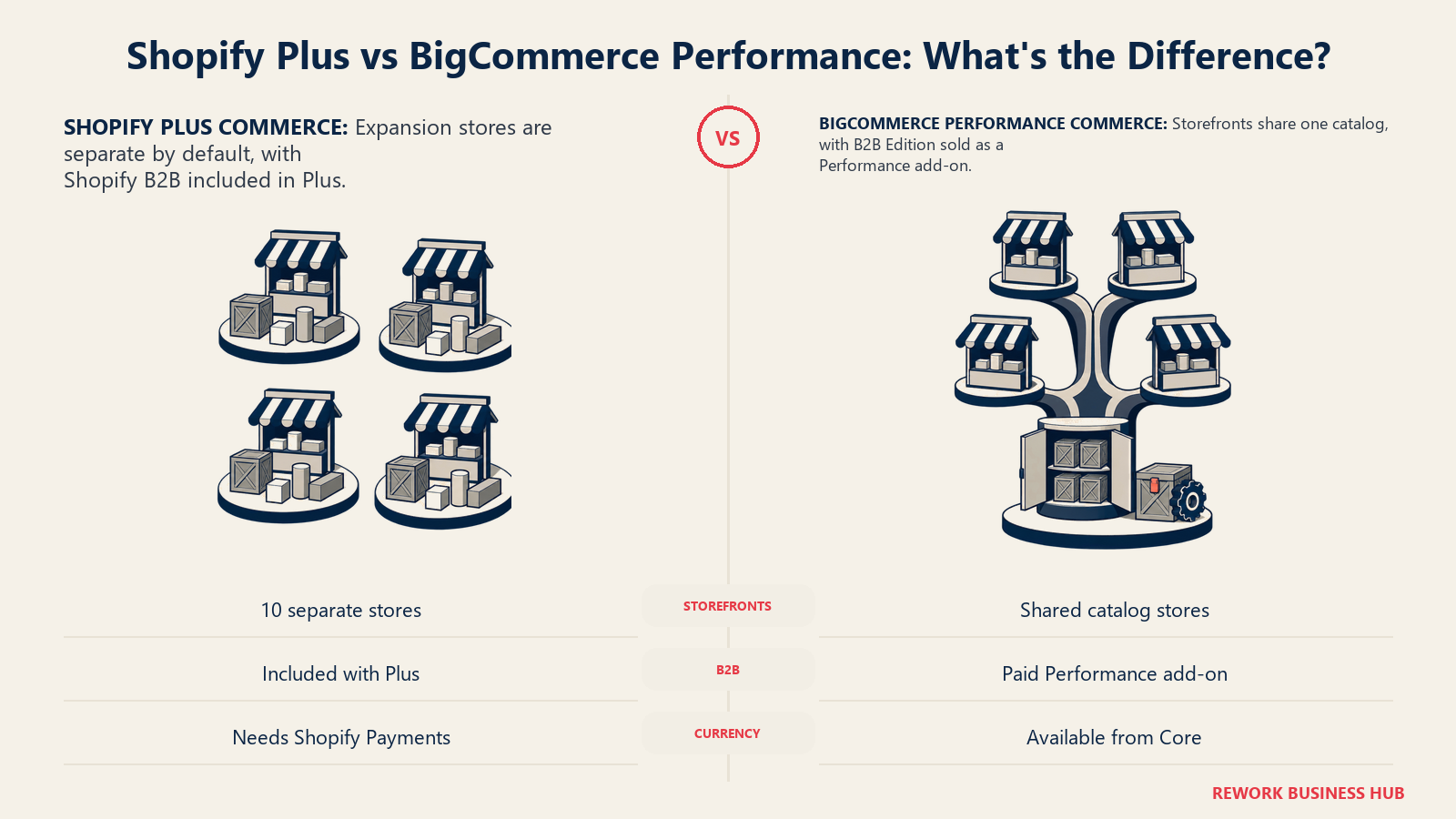 Separate Shopify Plus stores compared with BigCommerce storefronts sharing one catalog and inventory core