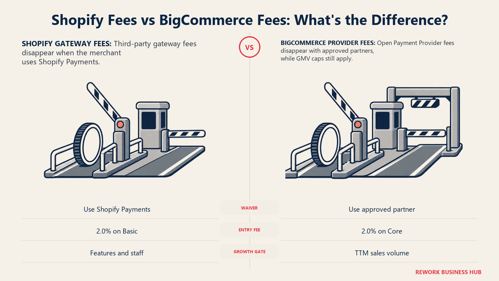 Shopify gateway fees compared with BigCommerce provider fees using matched payment toll gates