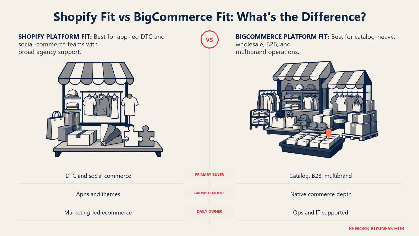 A modular direct-to-consumer storefront bench compared with a catalog-heavy multibrand operations bench