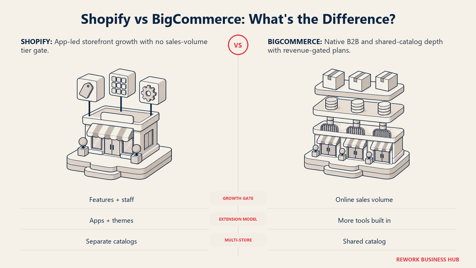 Shopify vs BigCommerce comparison showing app-led growth beside native shared-catalog scaling with equal visual weight