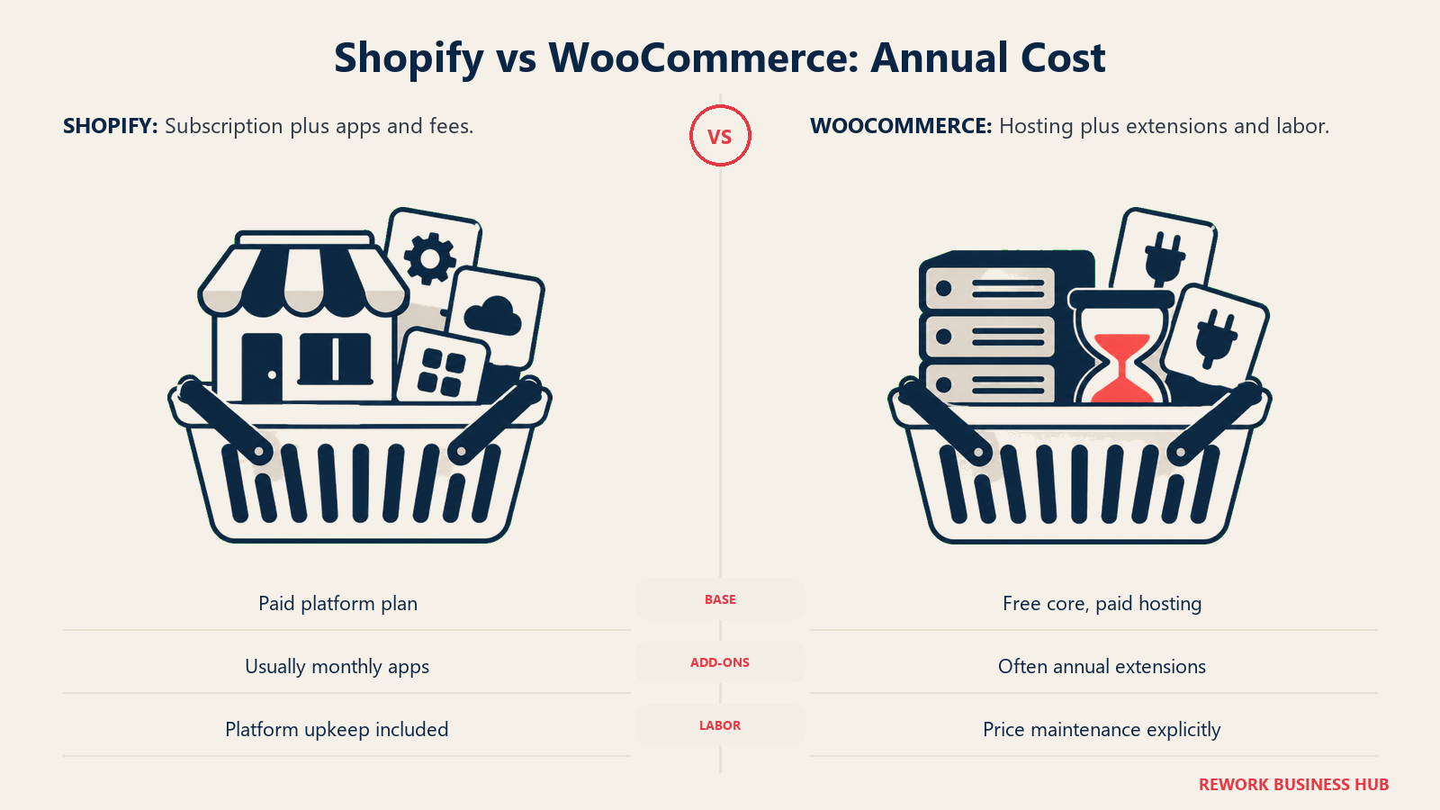 Shopify vs WooCommerce: Annual Cost: two paired wide cost baskets with clear gutter: left a compact storefront subscription parcel and several attached app parcels; right a server, plugin blocks and a conspicuous maintenance hourglass collected into one basket