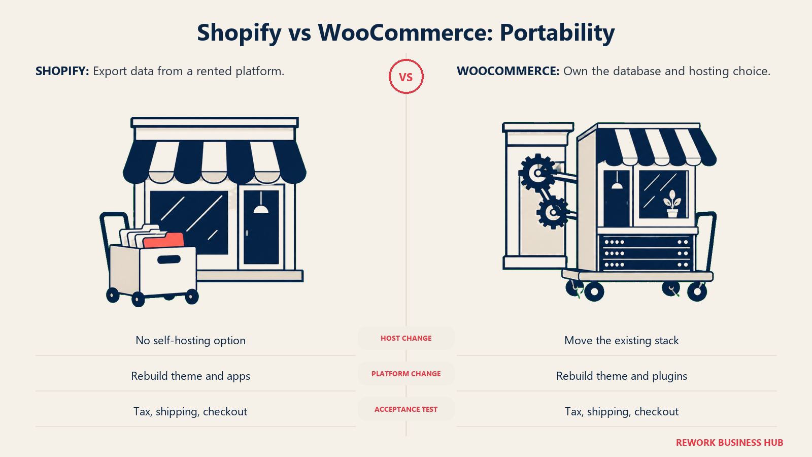 Shopify vs WooCommerce: Portability: two paired relocation metaphors separated by empty center gutter: left rented storefront with portable customer-file crate outside and fixed shop facade behind; right owned storefront on a movable server trolley with custom gears that remain attached to the old storefront structure
