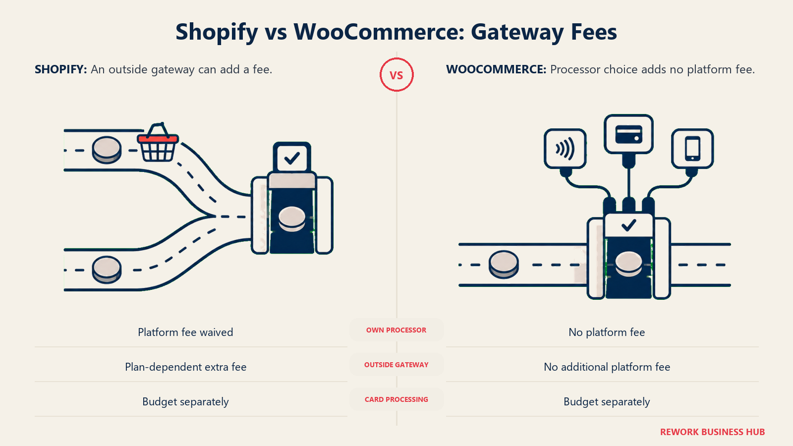 Shopify vs WooCommerce: Gateway Fees: two matched payment routes with a center gutter: left two short entrance lanes into one checkout gate, one with an extra small toll basket and one without; right a checkout entrance with interchangeable payment plugs and no toll basket