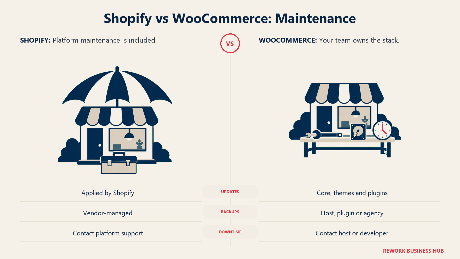 Shopify vs WooCommerce: Maintenance: matched night-shift maintenance metaphors with a clean center gutter: left storefront protected by one broad vendor umbrella with closed toolkit beneath; right storefront on an accessible service bench beside wrench, backup disk, and clock