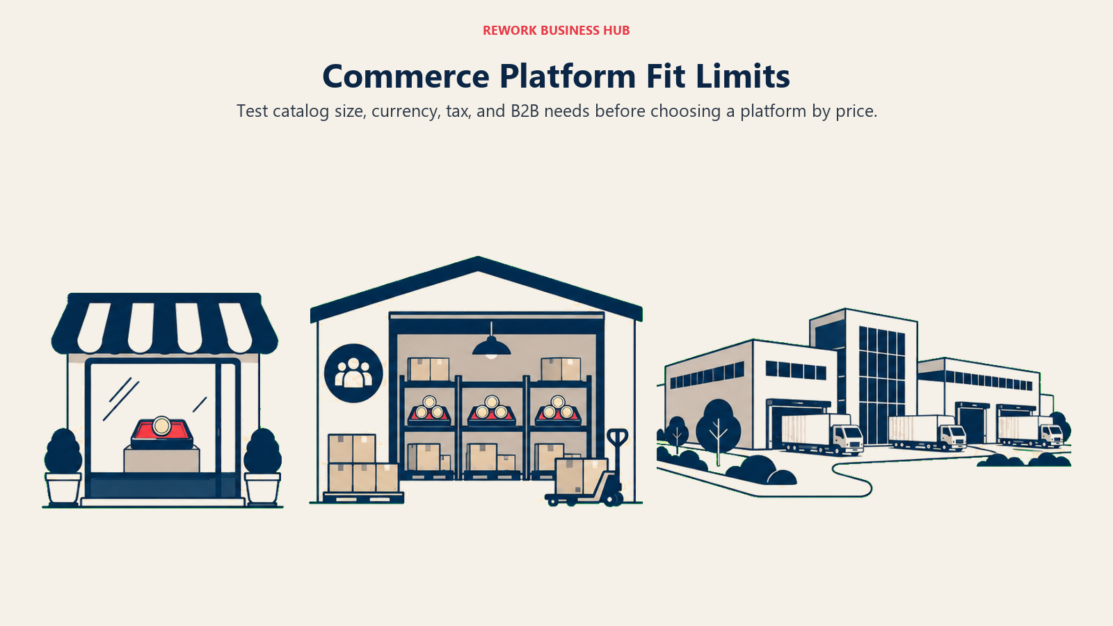 Commerce Platform Fit Limits: three storefront environments across one wide scene: left polished tiny display window with a single coin tray; middle modular wholesale stockroom with company badges and several coin trays; right large organized multi-building distribution campus with regional parcels