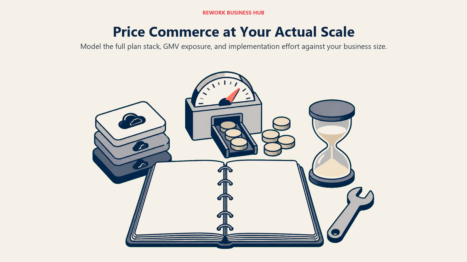 Price Commerce at Your Actual Scale: a wide escalating set of three physical commerce measuring stations: a tiny retail counter, a modular mid-market warehouse bay, and an enterprise shipping campus; each station has a proportionate plain budget ledger and tool kit