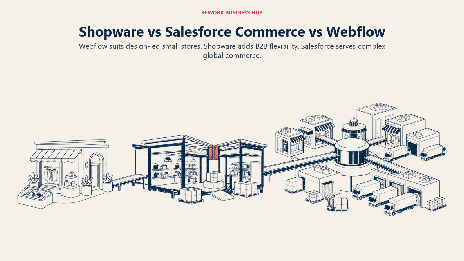 Three commerce operating environments for a design-led store, a flexible B2B platform, and a global enterprise estate
