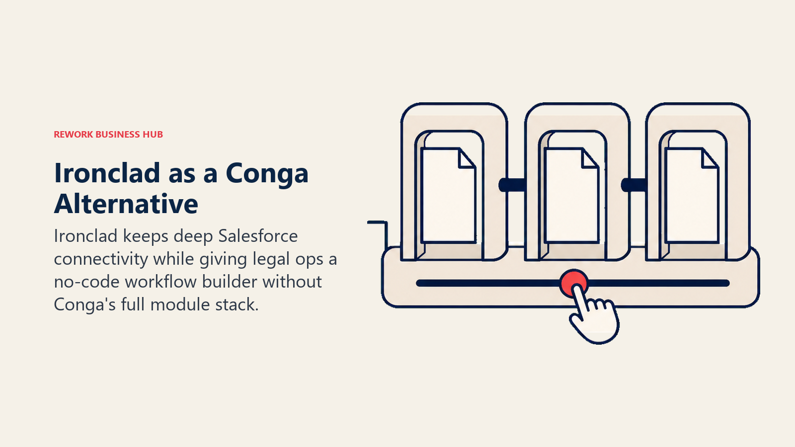 Ironclad as a Conga alternative shown as a no-code approval workbench linked to Salesforce without the full module stack