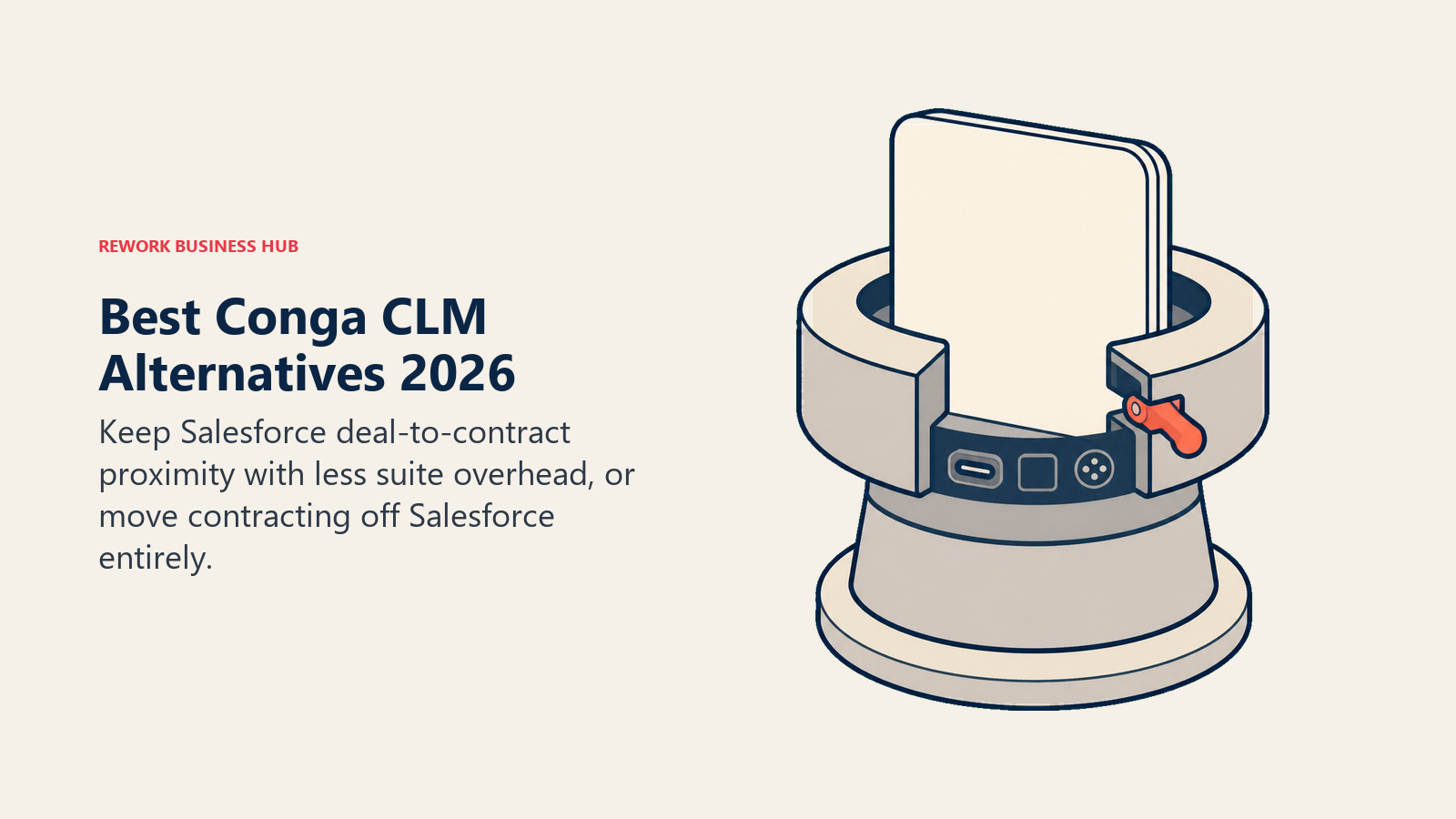 Best Conga CLM alternatives shown as a contract folio released from a modular CRM suite dock toward interchangeable contract platforms